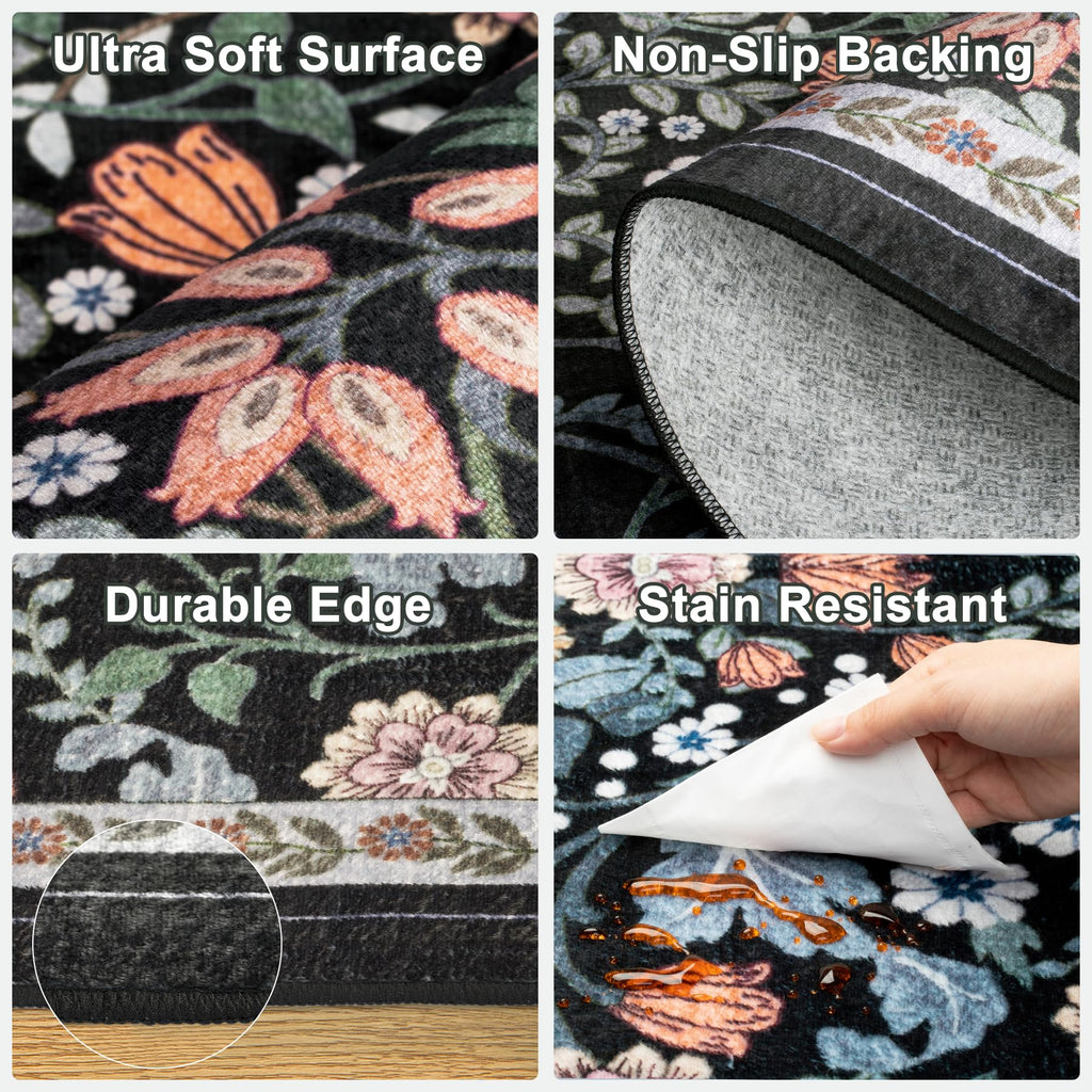 PLHXFR 2x3 Small Entryway Rug: Floral Washable Indoor Carpet Dark Black