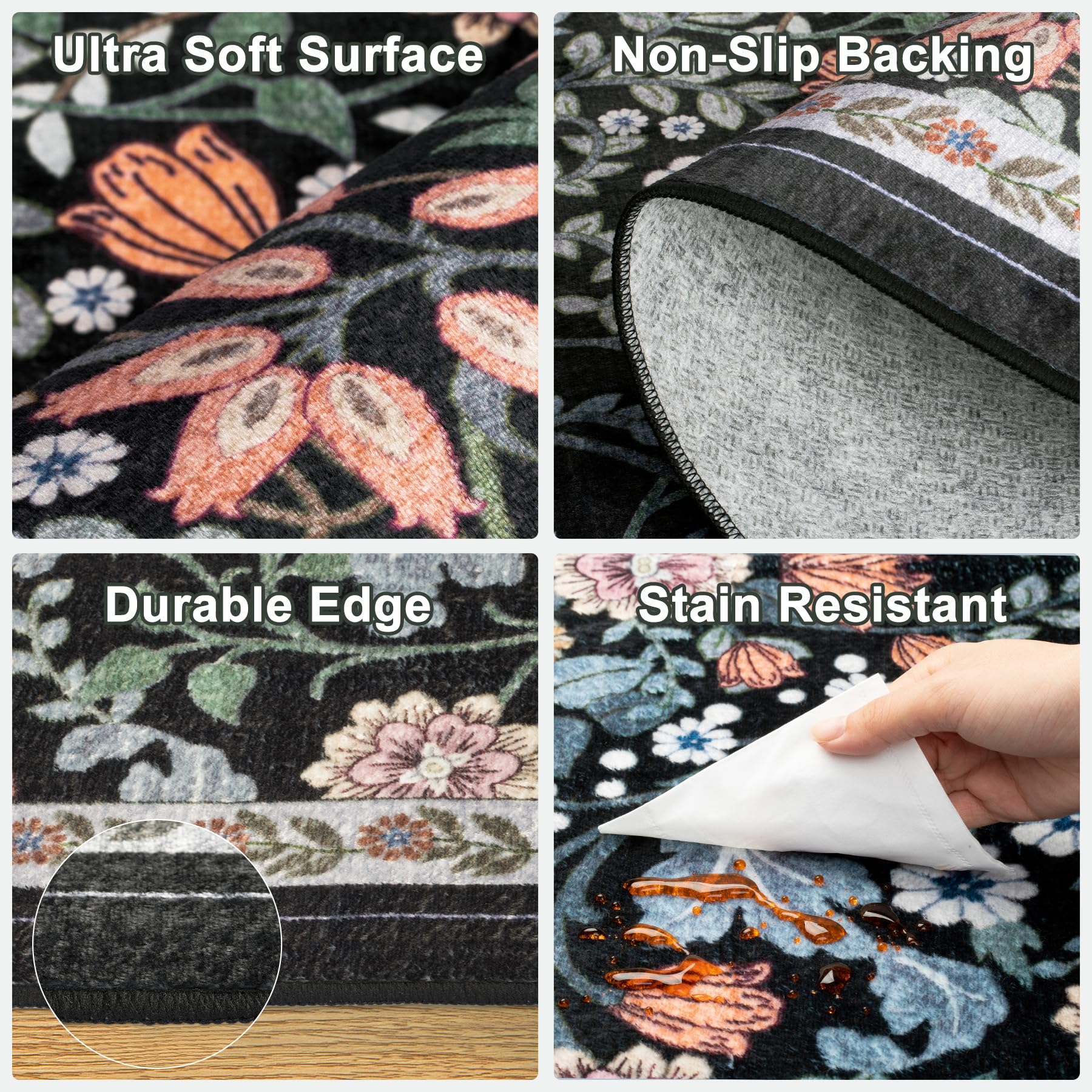 PLHXFR 2x3 Small Entryway Rug: Floral Washable Indoor Carpet Dark Black
