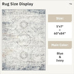 5x7 Area Rugs Blue Ivory Low Pile Indoor Washable Trendy Faded Style Rugs for Bedroom Living Room Dining Room Foldable Non-Slip Thin Print Mat
