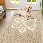 Smiry Dog Door Mat for Muddy Paws, Absorbent Dirt Trapper Non Slip Quick Dry Washable Chenille Mat for Mud Dogs, Entry Rug for Indoor and Outdoor (54x32 Inches, Beige and White)