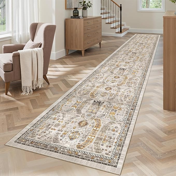 Madane Washable Runner Rugs 2x12 Long for Hallway Kitchen Soft, Brown/Gold