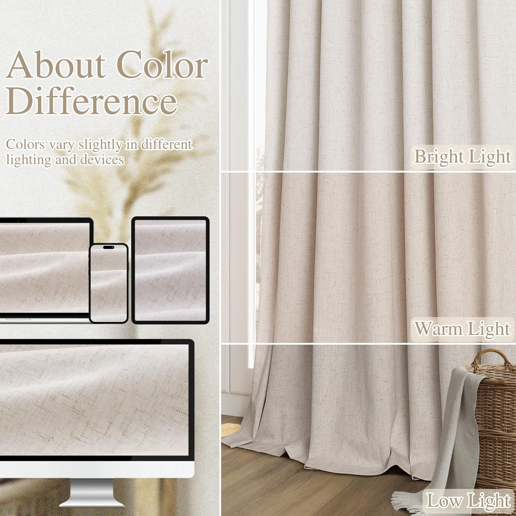 Guken 100% Blackout Linen Curtains for Bedroom 72 Inches Long Natural Cream Black Out Curtain Back Tab Thermal Insulated Room Darkening Window Drapes for Living Room 2 Panels Beige Ivory 42x72