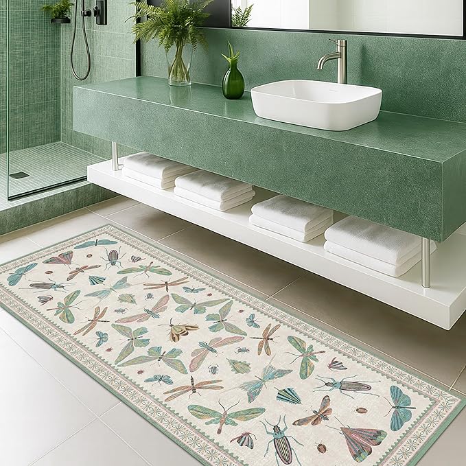 Hazo Haus Boho Bathroom Runners - 2x6 Blue and Green Rug for Kitchen, Entry Way, Non Slip Washable Butterfly Insect Print Home Decor