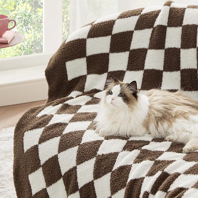 Bedsure GentleSoft Checkered Throw Blanket for Couch - Super Soft Cozy & Warm Knit Brown Blanket, Breathable, Lightweight & Fluffy Plaid Blankets for Bed,Sofa, Gifts for Women Men, 50x60 Inches