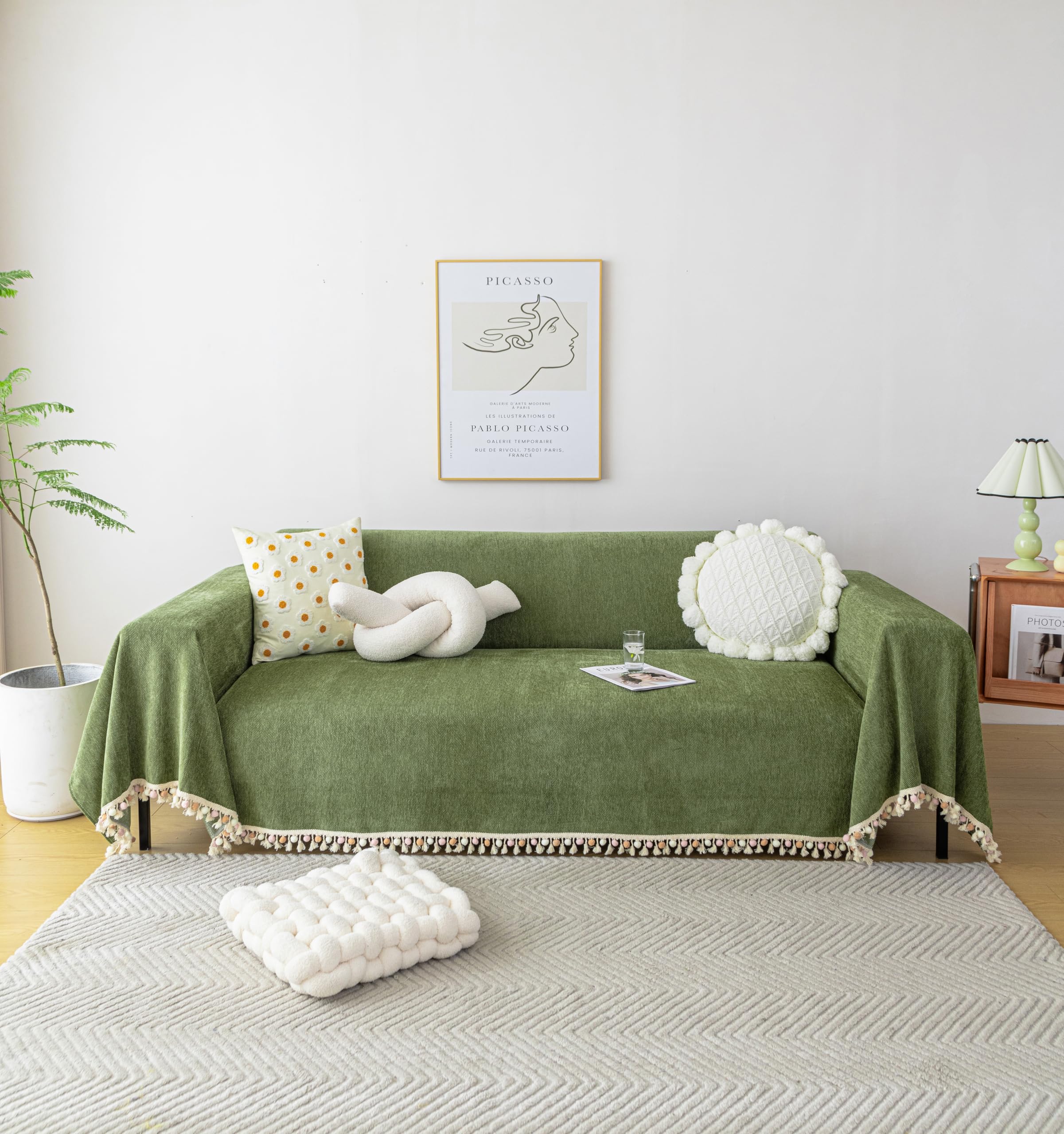 HANDONTIME Green Sofa Cover Vintage Couch Cover for Dogs 91" X134" Couch Cushion Covers with Tassel Herringbone Sofa Cover Boho Sofa Covers for 3 Cushion Couch Chenille Soft Loveseat Sofa Covers