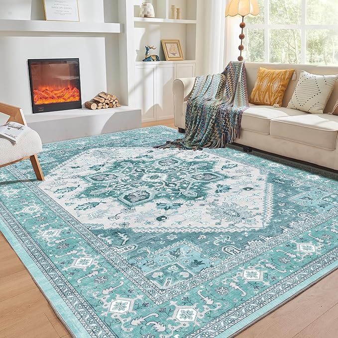 OPPODREAM Soft Area Rugs 3x5, Washable Rugs with Non Slip Backing, Low-Pile Throw 3x5 Carpet, Faux Cashmere 3 x 5 Carpet, Teal & Turquoise & Cream