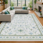 Hazo Haus Washable Rugs for Living Room 10x12 - Cream Blue and Green Oriental Floral Geometric, Low Pile Non Slip Extra Large Area Rug for Dining Under Table, Bedroom, Lounge