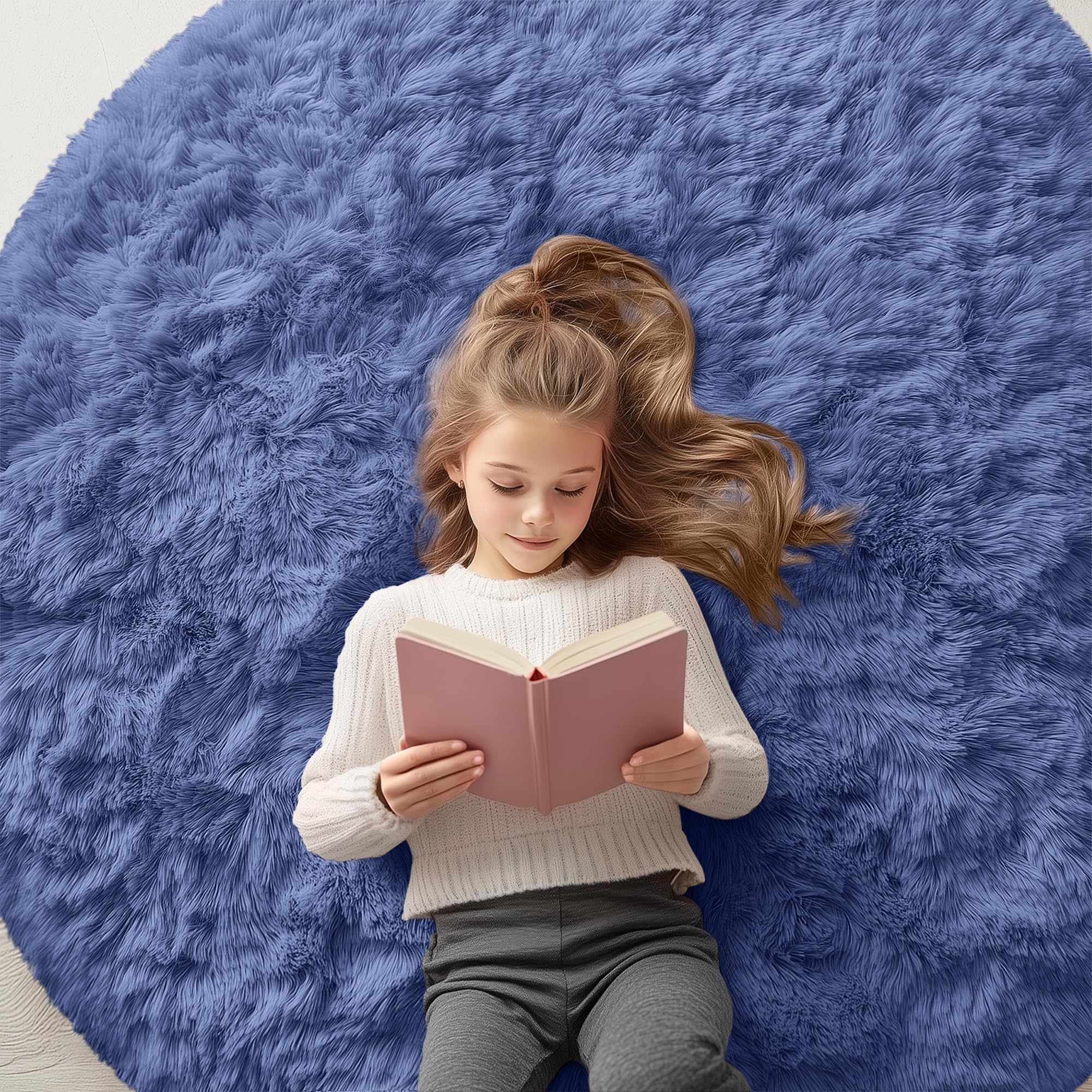 OLANLY Denim Blue Round Rugs for Bedroom - Machine Washable, 5 ft Circle Area Rugs for Living Room, Soft and Fluffy Shaggy Carpet for Teen Girl and Boys, Nursery Rooms, Dorms, Home Decor Aesthetic