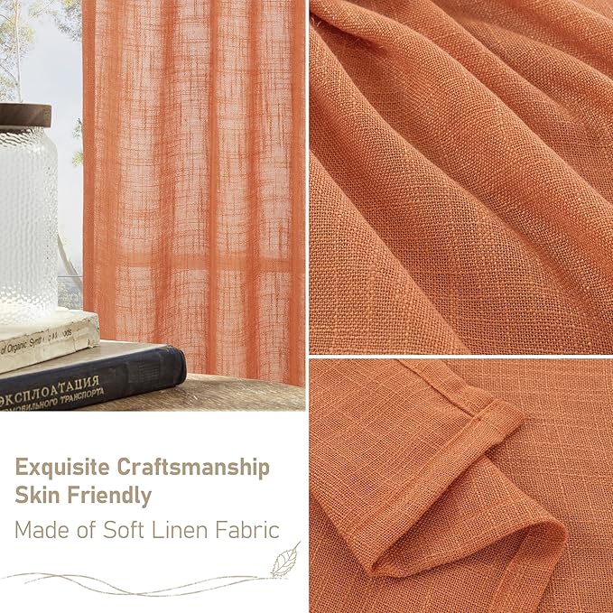 LAMIT Burnt Orange Sheer Linen Curtains, 108 inch Light Filtering Semi Sheer Panels Back Tab and Rod Pocket Fall Decor Drapes for Bedroom/Living Room, 2 Panels, 52 x 108 Inch