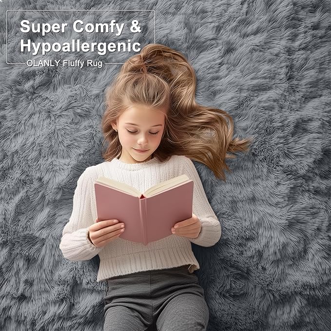 OLANLY 4x8 Area Rugs for Living Room Bedroom, Machine Washable Soft Fluffy Shaggy Bedside Rug, Indoor Floor Carpet for Kids Girls and Boys, Dorms, Nursery Rooms, Home Decor Aesthetic, Grey