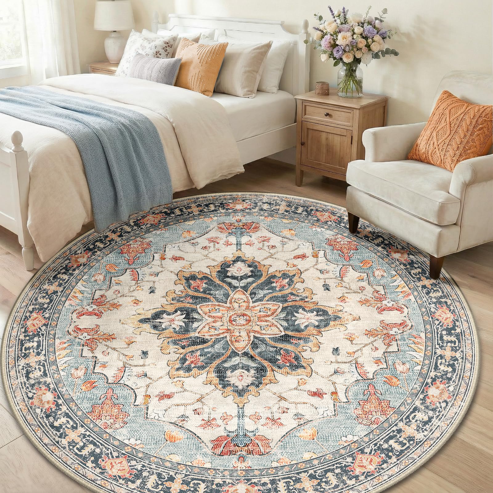 RELEANY Washable Area Rug, Round 6ft, Beige/Blue/Orange