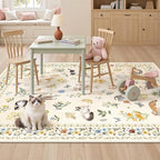 Cat 4x6 Area Rugs, Machine Washable Animal Floral Accent Rug Non-Slip Low Pile Soft Throw Rugs for Entryway Kitchen Bedside Living Room Bedroom Nursery Playroom (4 x 6,Beige)