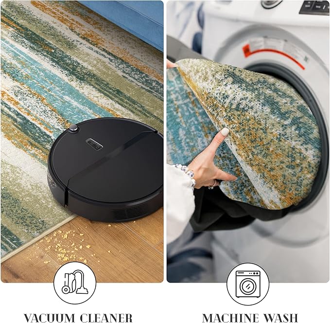 Lansny Modern Abstract 4x6 Living Room Washable Rug Non-Slip Soft Bedroom Area Rug Green Mustard Multi Thin Print Faux Wool Floor Carpet Throw Rugs for Nursery Playroom Dining Room Indoor Office