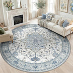 Area Rugs 8ft Washable Non-Slip, Floral Vintage Distress Print Pattern Medallion Carpet for Living Room Bedroom Dining Room, Light Blue Navy Beige Gray White