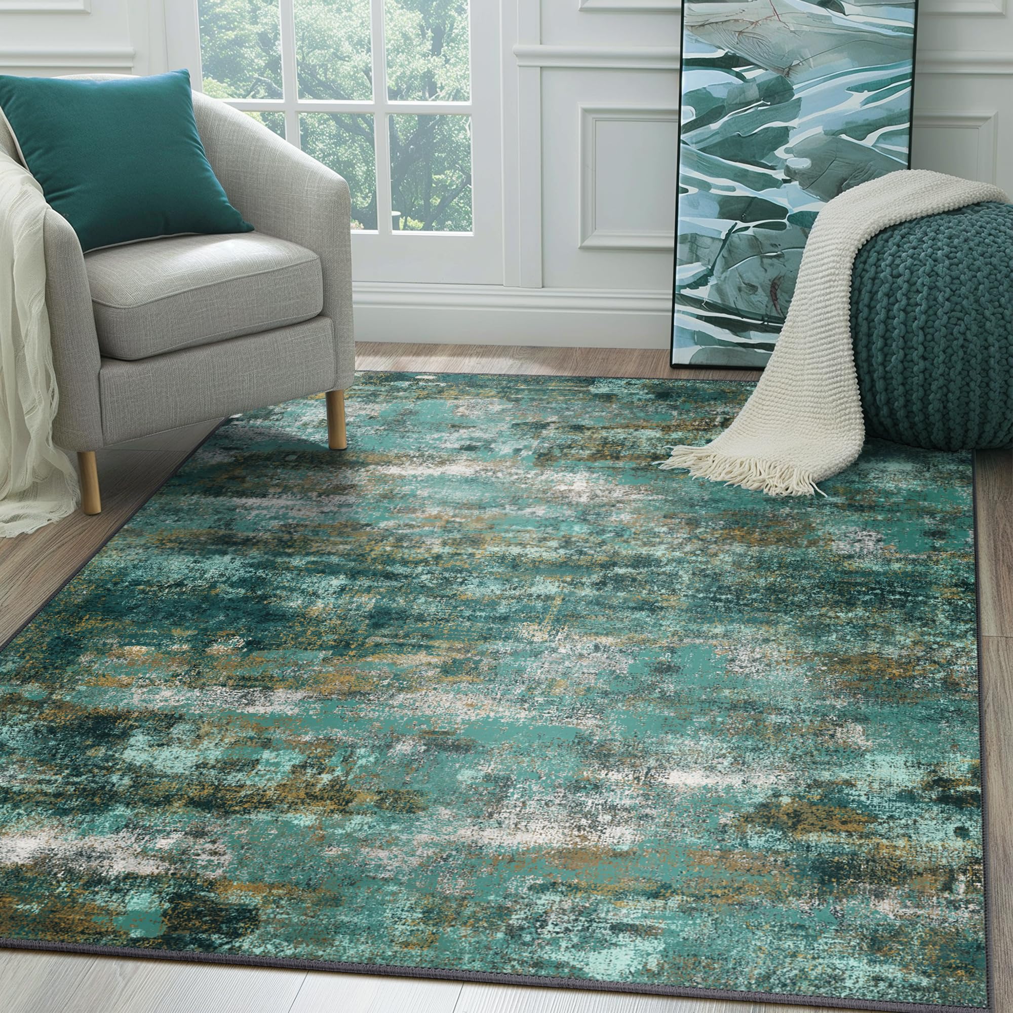 BEIMO 8x10 Area Rug for Bedroom, Turquoise Washable Abstract Non Slip Rug