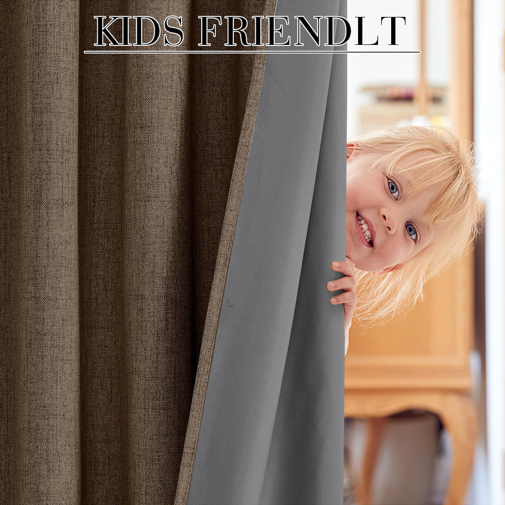 RYB HOME Brown 100% Blackout Linen Curtains 72 Inch Long for Bedroom