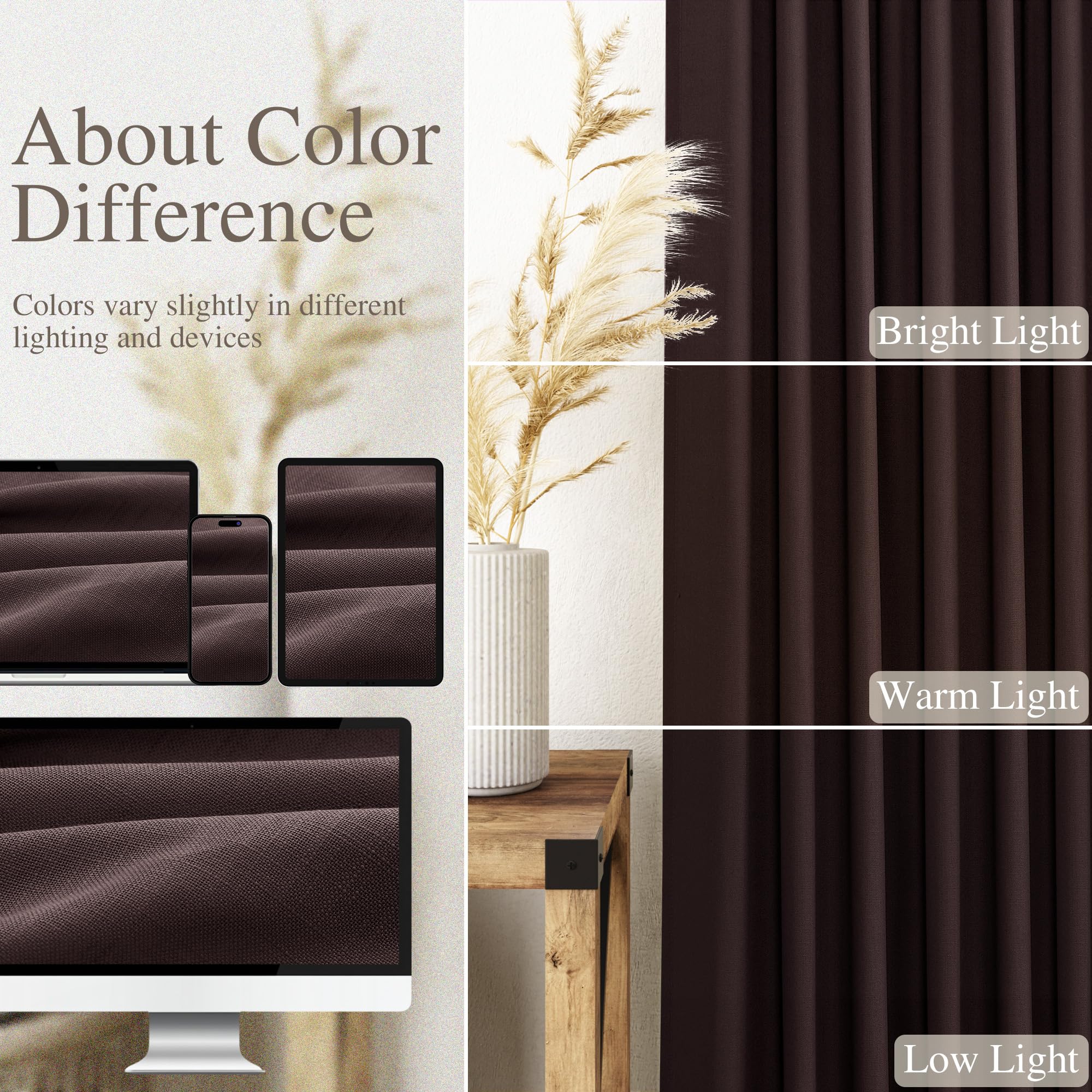 Coffee Brown Linen Curtains 80 Inch Length for Living Room Light Filtering Semi Sheer Curtain Back Tab Rod Pocket Luxury Modern Rustic Home Decor Neutral Drapes for Bedroom Dinner Room 52x80, 2 Panels