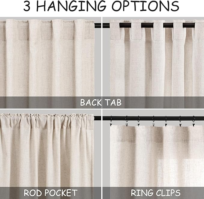 Extra Long Curtain 108 inches Long 2 Panels Set Back Tab Beige Linen Drapes for Living Room Neutral Farmhouse Light Filtering Semi Sheer Linen Curtains 108 inch Length for Large Window Tan 9 FT