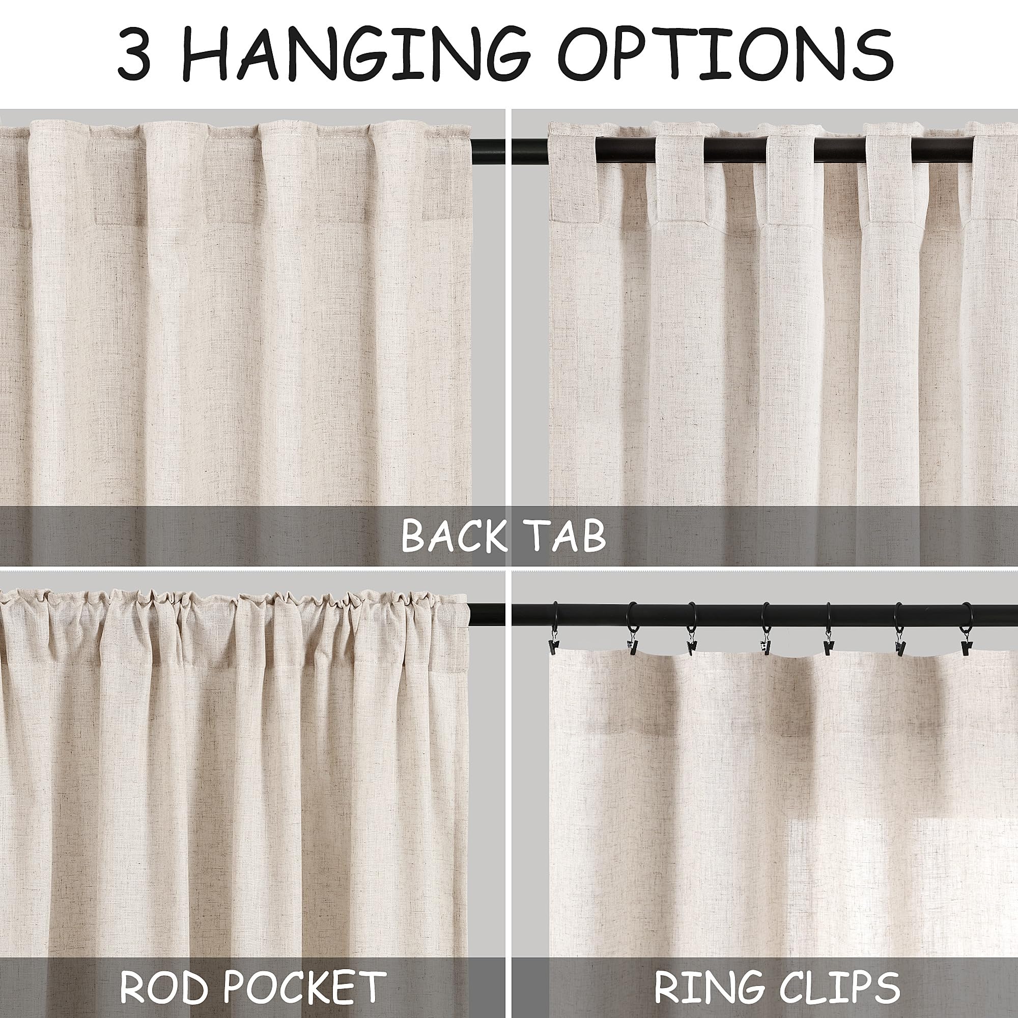 Extra Long Tan Beige Curtains 132 inch Length 2 Panels Set Back Tab Neutral Farmhouse Drapes Light Filtering Semi Sheer Linen Curtain 132 inches Long for Floor to Ceiling Window Patio Sliding Door