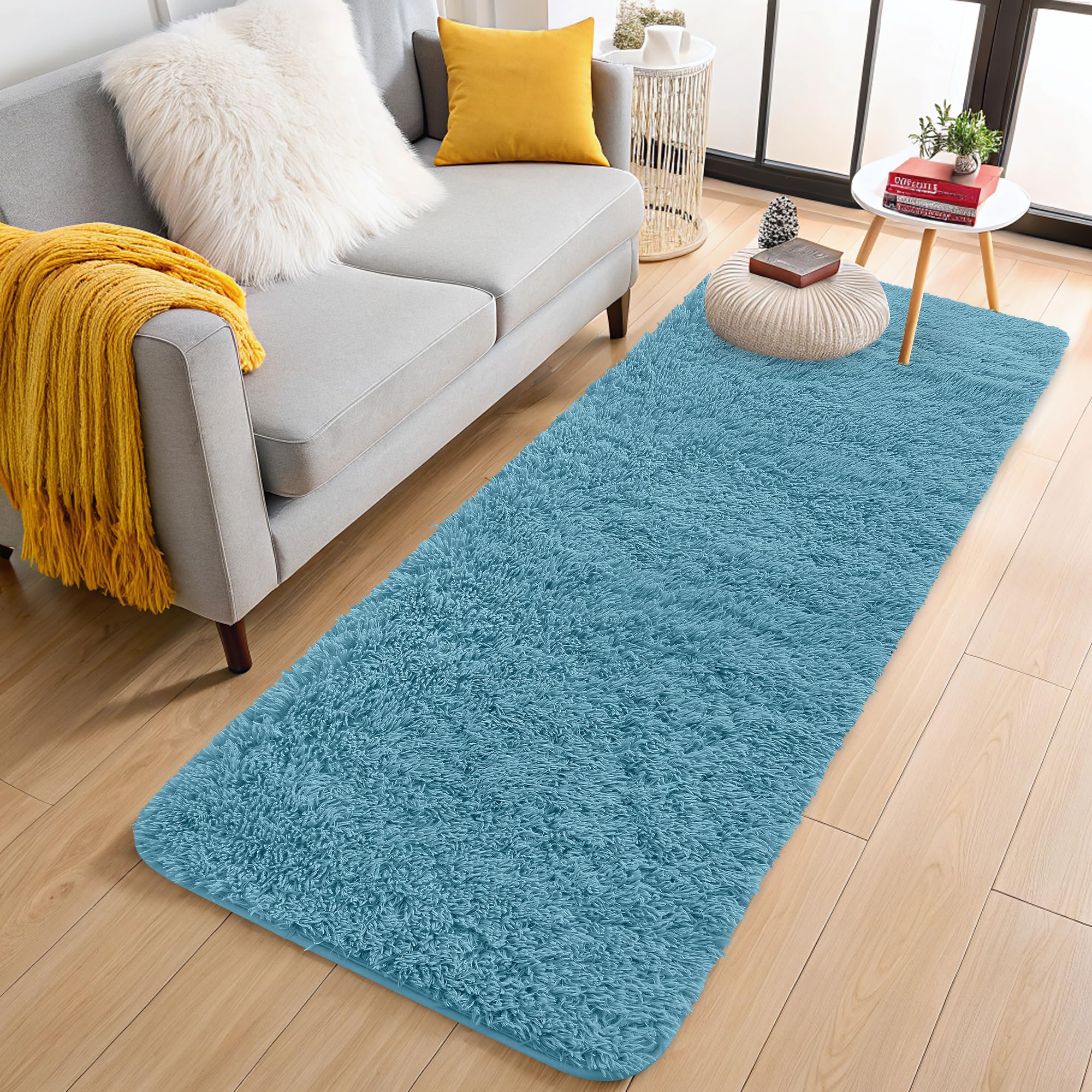OLANLY 2x6 Machine Washable Runner Rugs for Hallway, Soft Fluffy Shaggy Bedside Rugs for Bedroom, Living Room, Indoor Floor Carpet for Kids Girls and Boys, Home Decor Aesthetic, Slate Blue