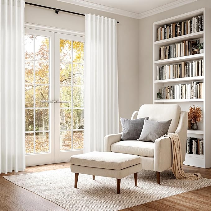 Nanspring Beige White Linen Curtains 96 Inches Long for Living Room Semi Sheer Linen Blend Curtains Back Tab Rod Pocket Light Filtering Farmhouse Coastal Decor Curtain for Bedroom 60x96, 2 Panels