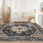 Area Rugs 6x9 Vintage Rug: Washable Living Room Rug Retro Medallion Distressed Large Soft Low Pile Non-Slip Indoor Floor Carpet for Bedroom Kitchen Nursery Dining Table Office (BeigeBlack, 6'x9')