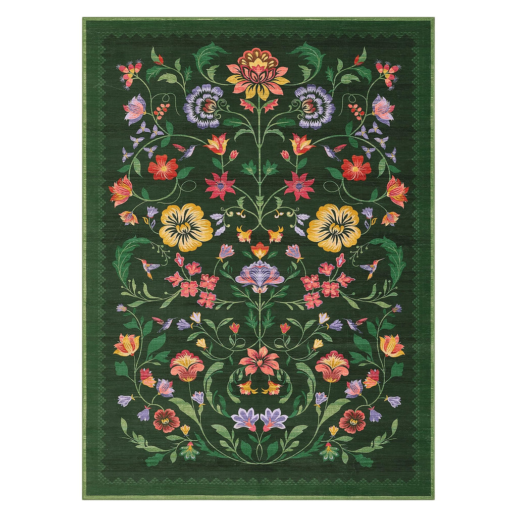 GarveeHome Washable Rug 4x6 Area Rugs for Living Room, Floral Rug for Bedroom, Soft Boho Non Slip Throw Rugs with Rubber Back, Low Pile Stain Resistant Vintage Floral Carpet for Dining Room, Green