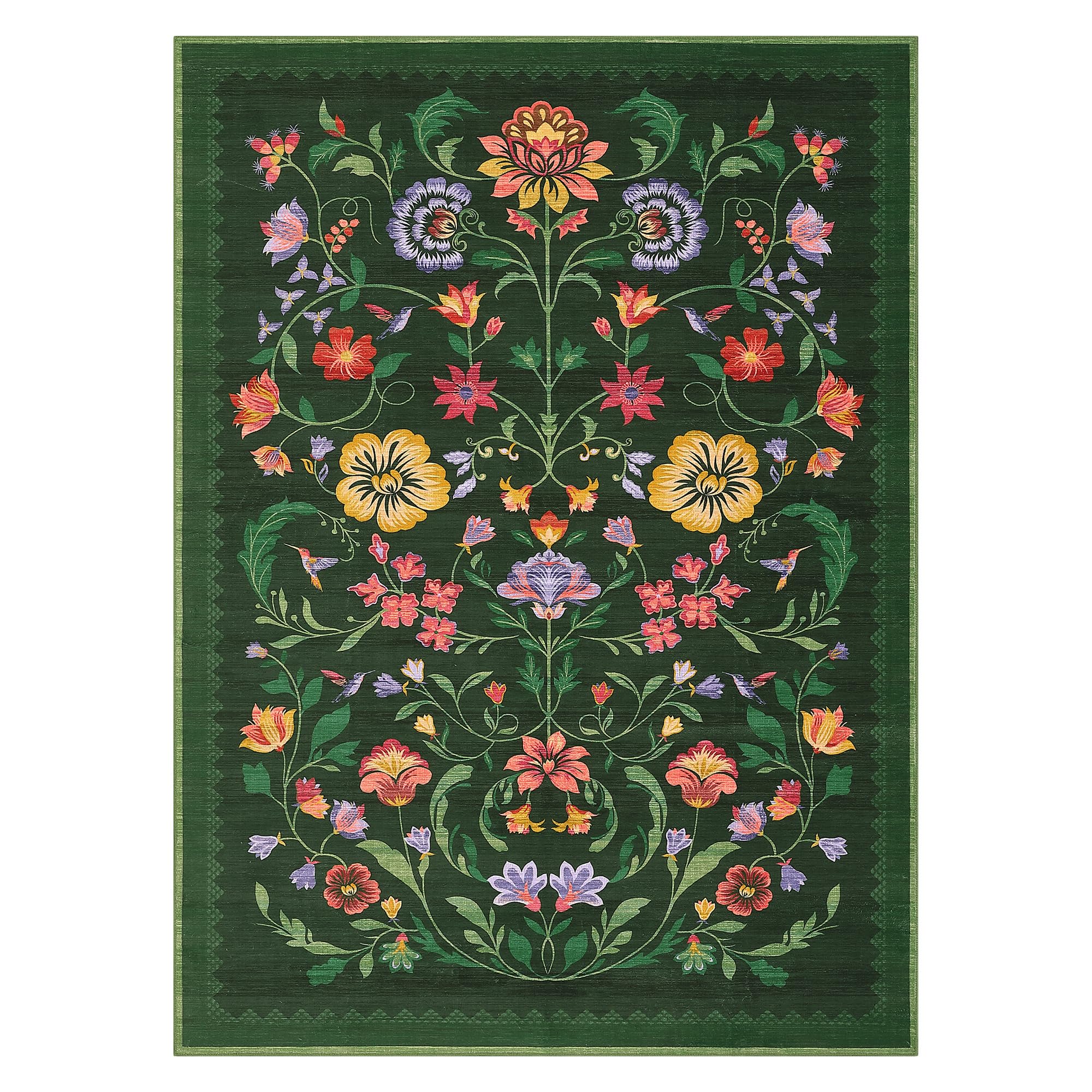 Washable Rug 8x10 Area Rugs for Living Room, Protea Floral Rug for Bedroom, Soft Vintage Non Slip Throw Rugs with Rubber Back, Low Pile Stain Resistant Boho Floral Carpet for Dining Room, Forest Green