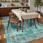 Washable Area Rug 6' x 9' Vintage Traditional Persian Mat - Foldable Distressed Non-Slip Machine Washable Carpet for Living Room Bedroom Kitchen Home Decor - Teal and Gold