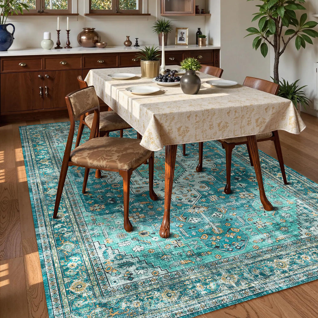 Washable Area Rug 3' x 5 ' Vintage Traditional Persian Mat - Foldable Distressed Non-Slip Machine Washable Carpet for Living Room Bedroom Kitchen Home Decor - Teal and Gold