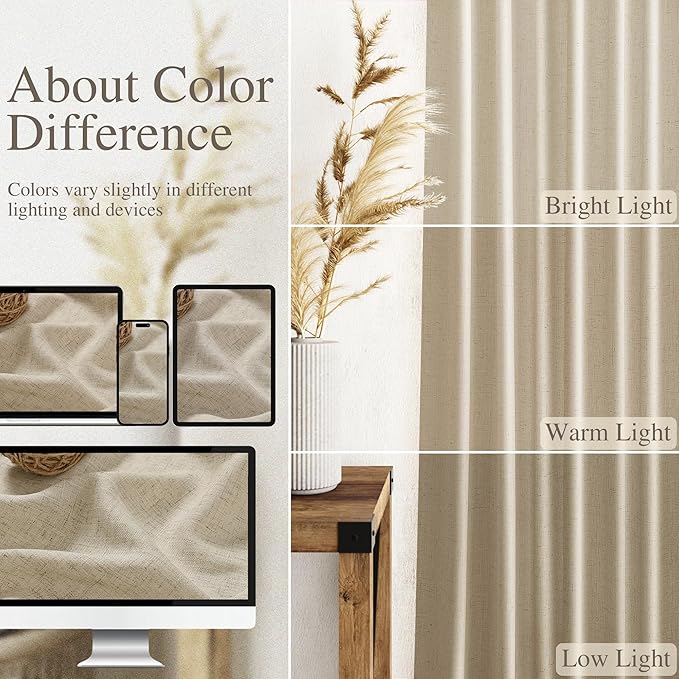 Nanspring Eggshell Beige Curtains for Living Room 72 Inches Long Linen Blend Luxury Light Filtering Semi Sheer Curtain Back Tab Rustic Decor Neutral Elegant Drapes for Bedroom Office 52x72, 2 Panels