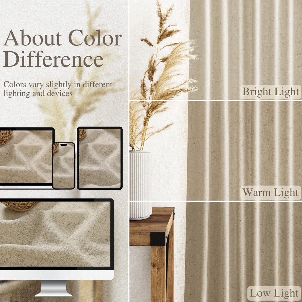 Nanspring Eggshell Beige Curtains for Living Room 72 Inches Long Linen Blend Luxury Light Filtering Semi Sheer Curtain Back Tab Rustic Decor Neutral Elegant Drapes for Bedroom Office 52x72, 2 Panels
