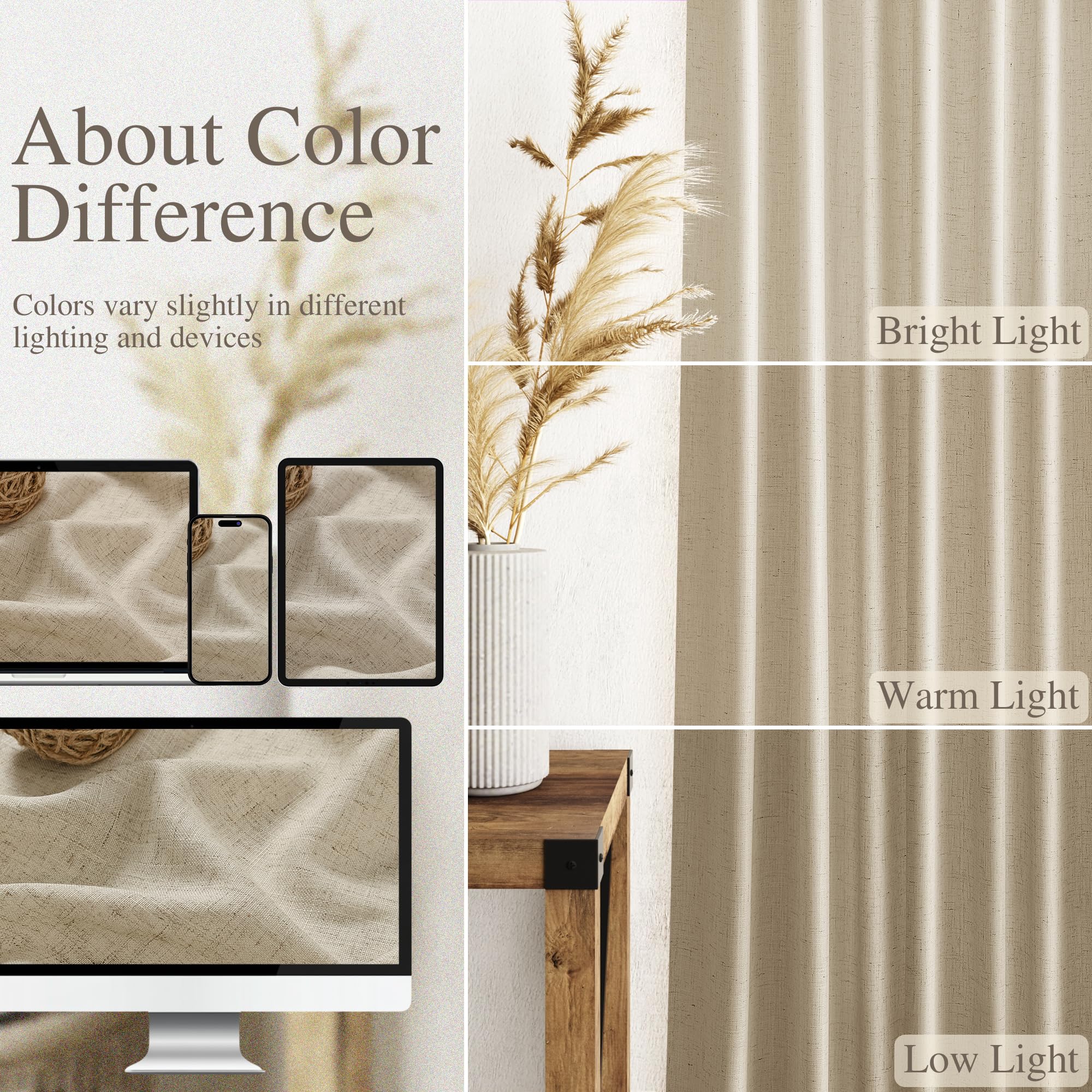 Nanspring Eggshell Beige Curtains for Living Room 72 Inches Long Linen Blend Luxury Light Filtering Semi Sheer Curtain Back Tab Rustic Decor Neutral Elegant Drapes for Bedroom Office 52x72, 2 Panels