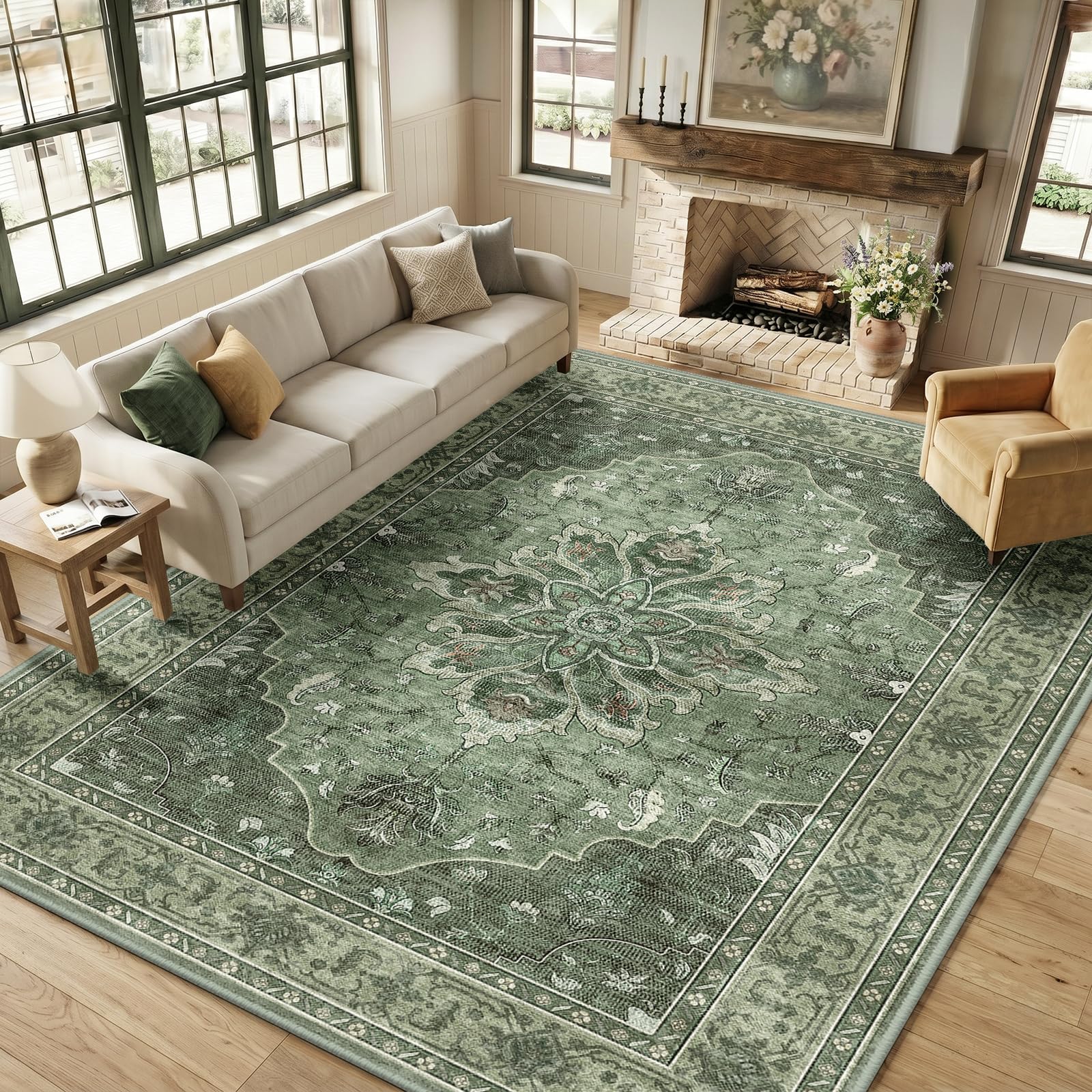 RELEANY Washable Area Rug, Large 9'x12', Green/Dark Green/Gray