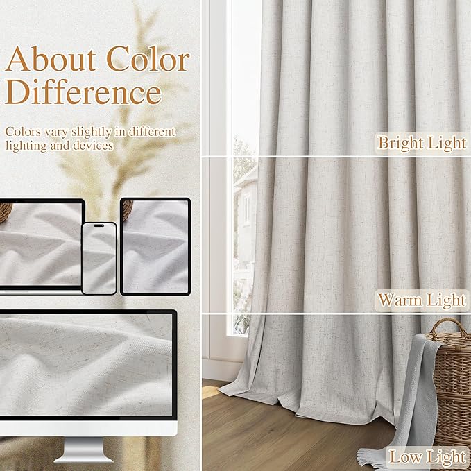 Guken 100% Natural Linen Blackout Curtains 84 Inch Long 2 Panels Set for Living Room Bedroom Back Tab Room Darkening Winter Thermal Insulated Netural Black Out Drapes Window Curtain, 52x84