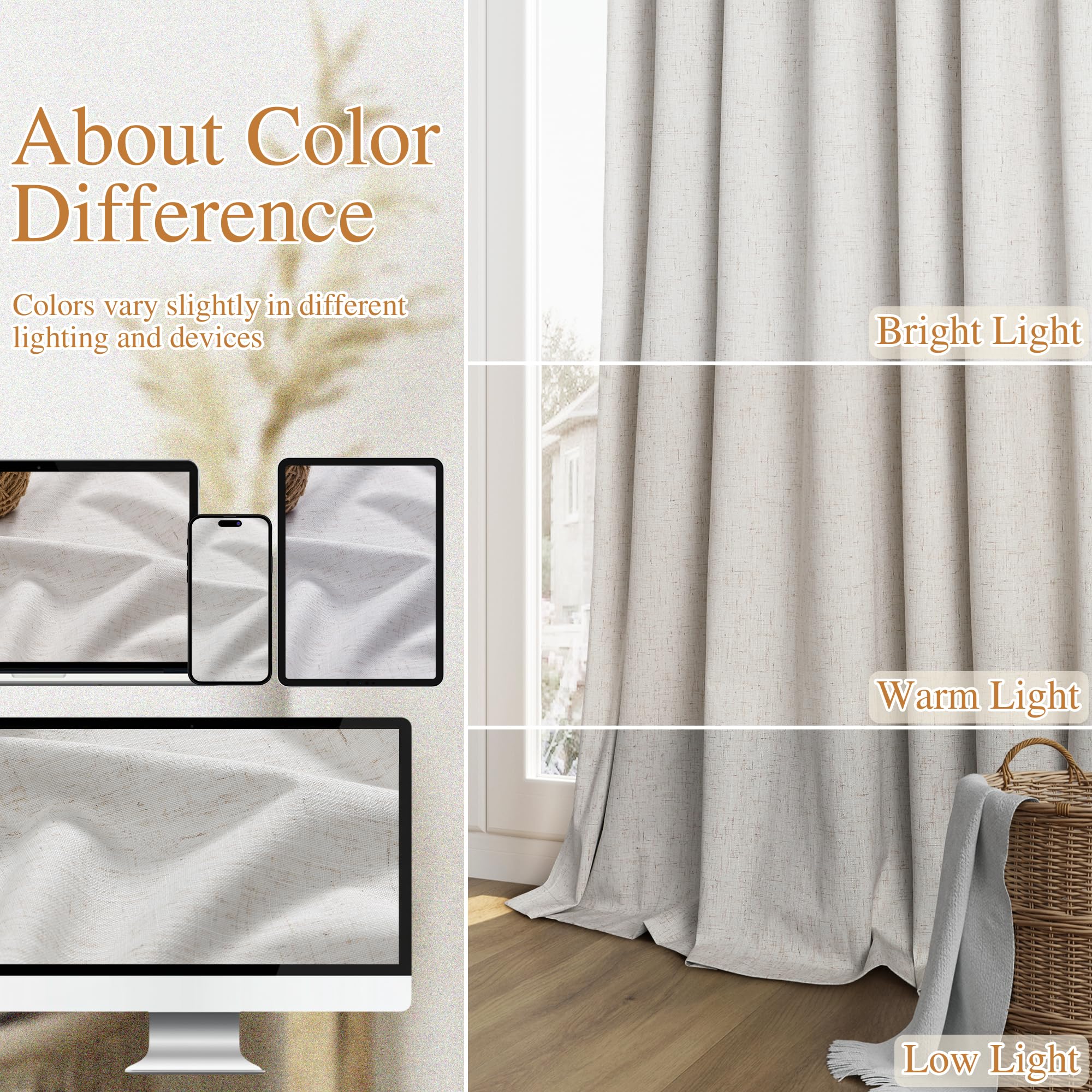 Guken Natural Linen 100% Blackout Curtains 96 Inches Long Floor to Ceiling Drapes for Living Room, Rustic Farmhouse Room Darkening Winter Thermal Insulated Black Out Sliding Barn Door Curtain, 52x96