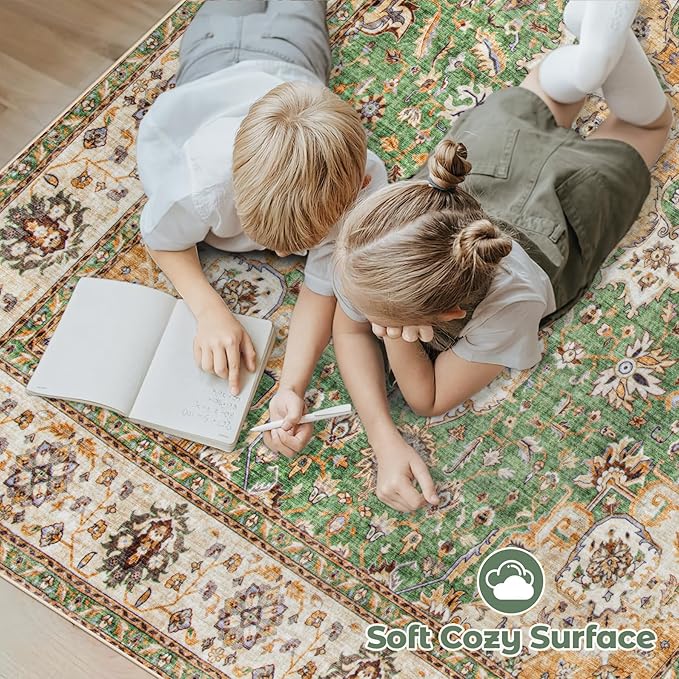 Area Rug 9x12 Washable Rug, Vintage Boho Medallion Rugs Non-Slip Soft Low Pile Large Distressed Rug Indoor Retro Carpet for Living Room Bedroom Dining Room Home Office (Vintage Green, 9'x12')