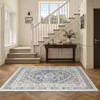 3x5 Washable Area Rug for Entryway, Kitchen Rugs Non Slip for Dining Room, Vintage Floral Soft Living Room Rug, Thin Area Rug Indoor for Bedroom, Kids Room Decor(Blue/Beige,3'x5')