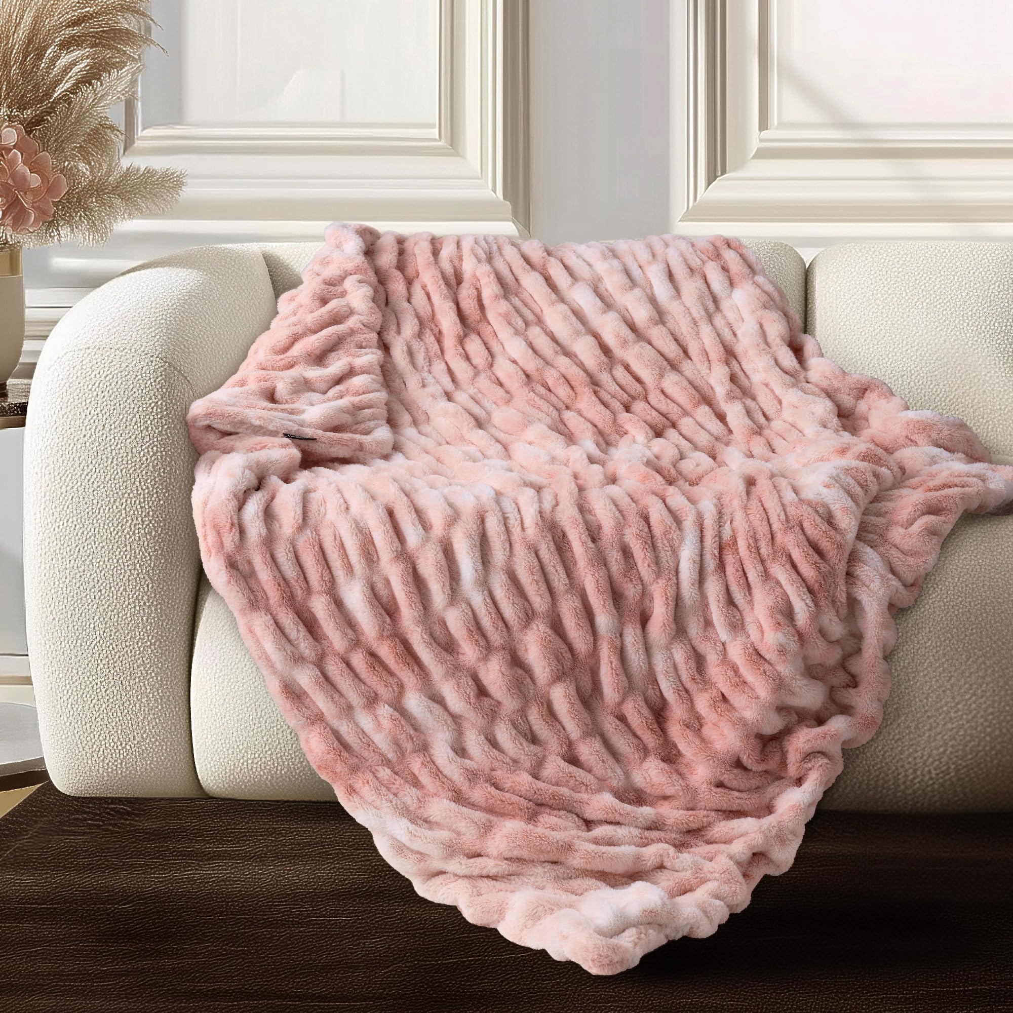 blunique Luxury Faux Rabbit Fur Throw Blanket 50x60, Ultra Soft Double Sided Plush Throw for Couch, Sofa, Bed and Living Room, Cozy Fluffy Decorative Blanket, Tie-Dye Pink