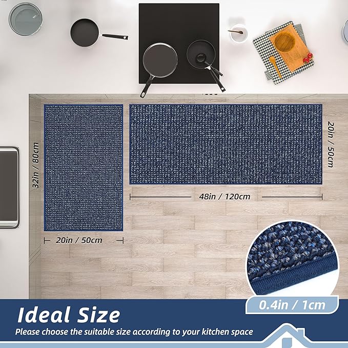 BEQHAUSE Kitchen Rugs and Mats 2PCS Non-Slip, 20"x32"+20"x48", Blue