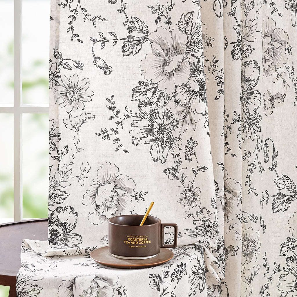 jinchan Vintage Floral Linen Curtains 90 Long for Living Room 2 Panels