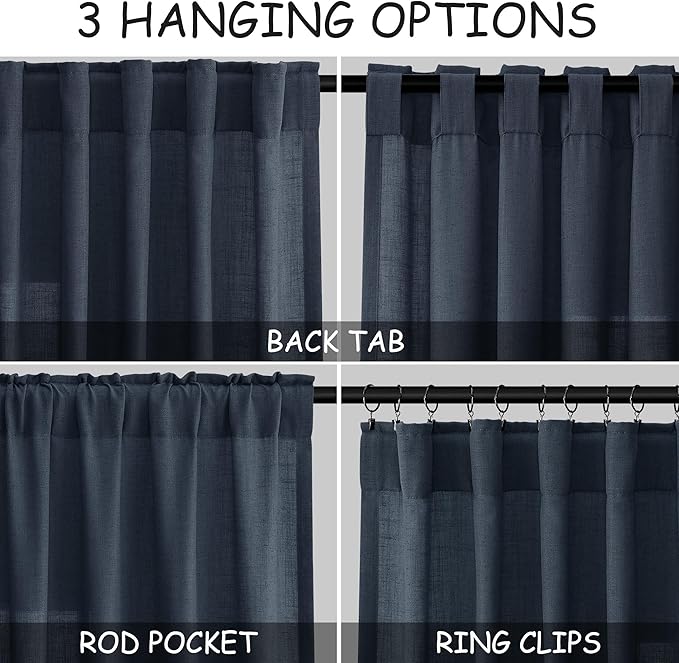 Nanspring Vintage Blue Linen Curtains 84 Inch Length 2 Panels Set for Living Room Rod Pocket Back Tab Light Filtering Window Drapes for Bedroom Dining Room Protect Privacy Vintage Country Decor