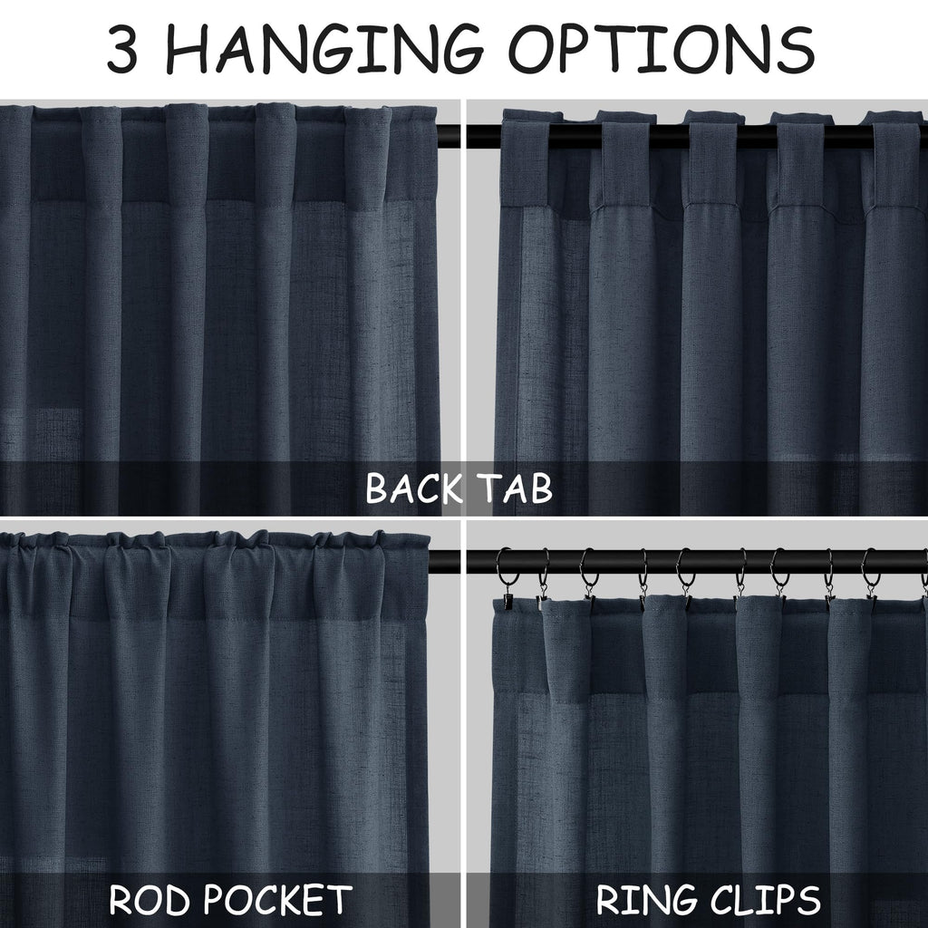 Nanspring Vintage Blue Linen Curtains 96 Inches Long 2 Panels Set for Living Room Bedroom Back Tab Rod Pocket Semi Sheer Light Filtering Drape for Bedroom Vintage Country Decor Protect Privacy 52x96