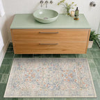 Washable Bathroom Rug 2x4 Non Slip - Beige Blue Small Rugs Front Door Rugs Indoor, Vintage Cream Floral Style Rug for Kitchen, Laundry, Perfect for Entryway Décor