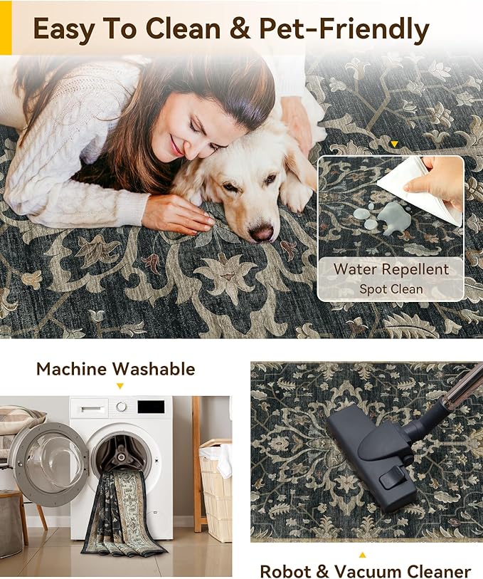 RELEANY Washable Area Rug, 4'x6', Black/Vintage/Beige