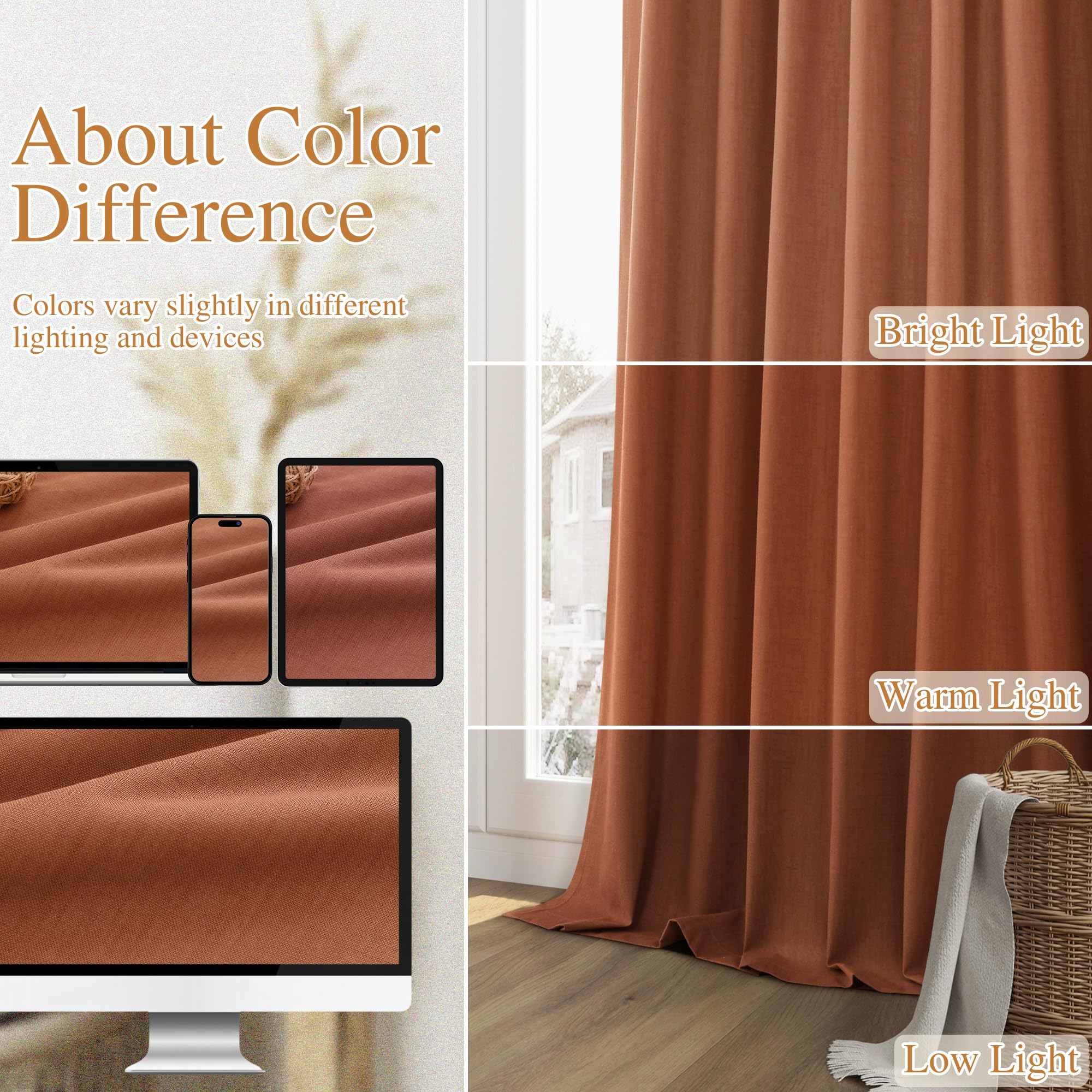 Guken Terracotta 100% Blackout Curtains 84 Inch Length 2 Panels Set Fall Curtains for Living Room Bedroom Back Tab Thermal Insulated Black Out Linen Drapes，52x84