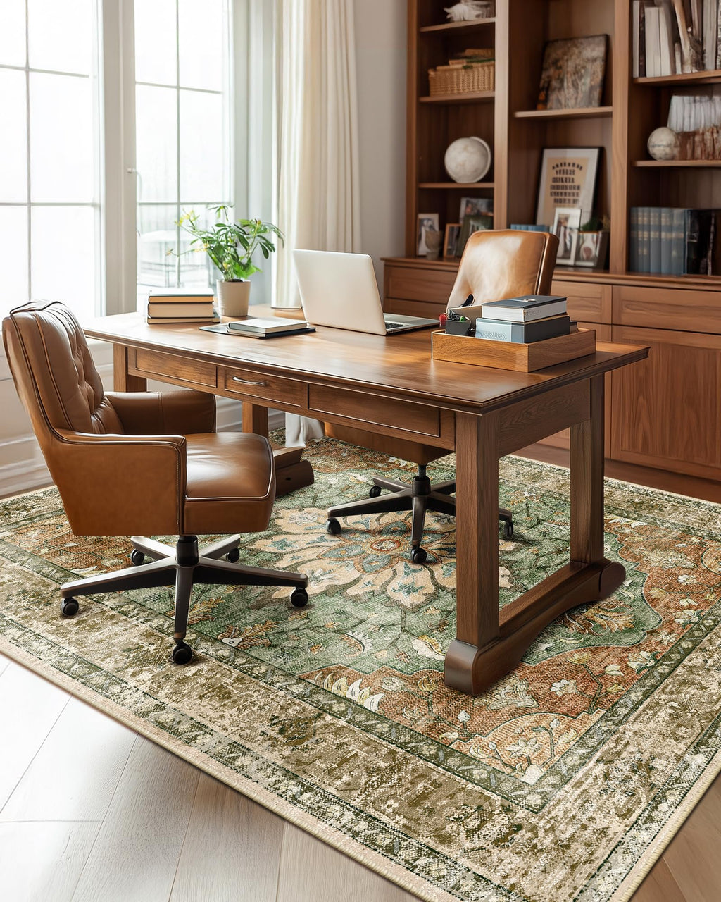 RELEANY Washable Area Rug, 5'x7', Brick/Brown/Green