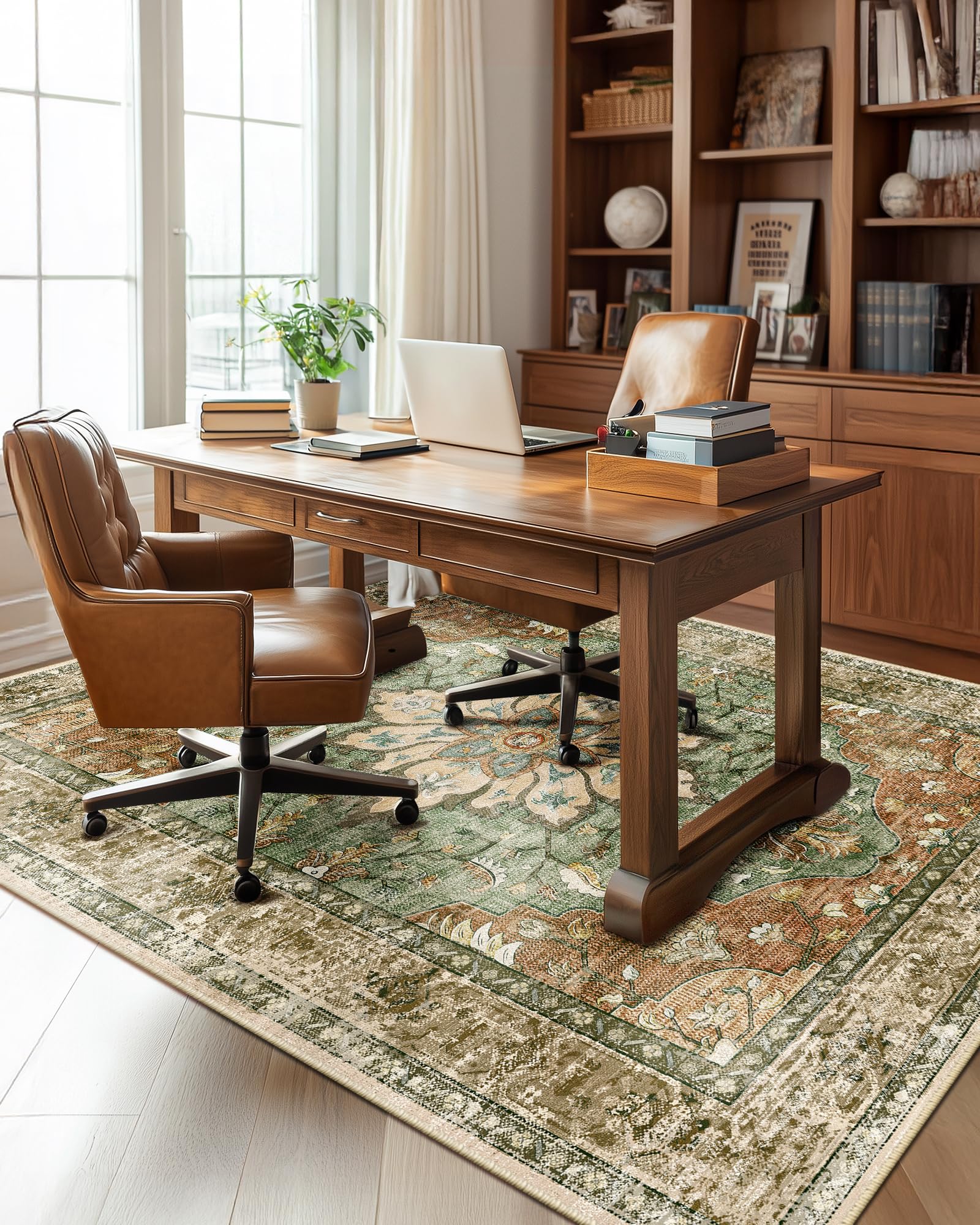 RELEANY Washable Area Rug, 5'x7', Brick/Brown/Green