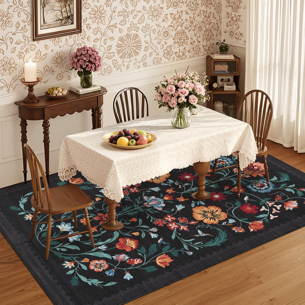 GarveeHome Washable Rug 5x7 Area Rugs for Living Room, Floral Rug for Bedroom, Soft Boho Non Slip Throw Rugs with Rubber Back, Low Pile Stain Resistant Vintage Floral Carpet for Dining Room, Black