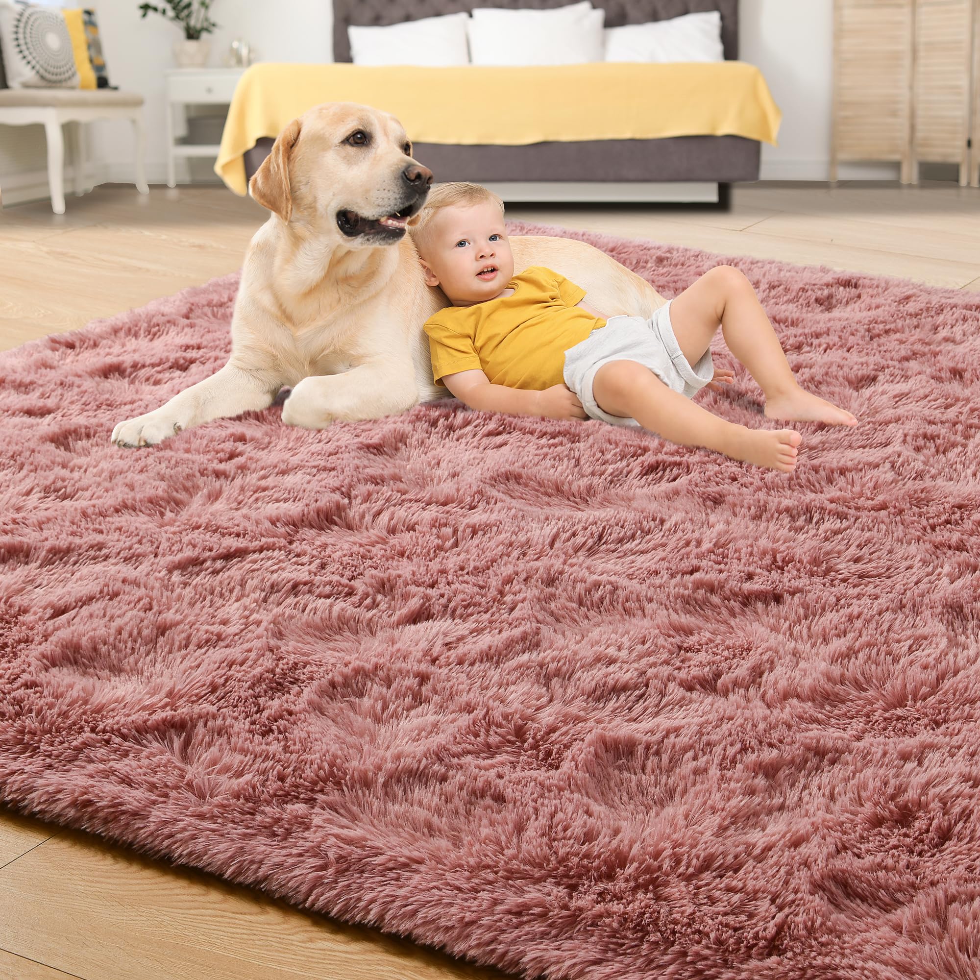 Tepook Blush Pink Area Rugs for Living Room Girls Bedroom, 9x12 Fluffy Shaggy Dusty Pink Rug for Kids Room Playroom, Plush Shag Non-Slip Carpet for Nursery Dorm Classroom, Cute Rose Beige Rug